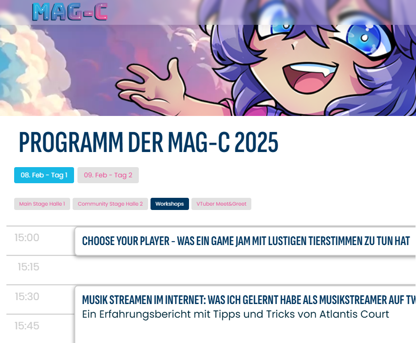 Programm der MAG-C 2025, Tag 1 Samstag ab 15 Uhr Workshop zu Game Jam